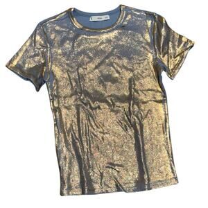 Mango Metallic Gold Print Short Sleeve Tee – Blue – S